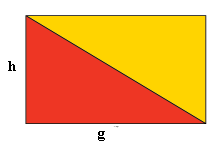 Et rektangel delt diagonalt. To rettvinklete trekanter, rød nederst og gul øverst. Høyden er h og grunnlinje er g.